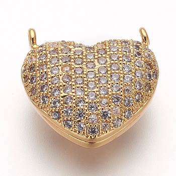 Brass Micro Pave Cubic Zirconia Pendants, Lead Free & Cadmium Free & Nickel Free, Heart, Clear, Golden, 17x17x8mm, Hole: 1mm