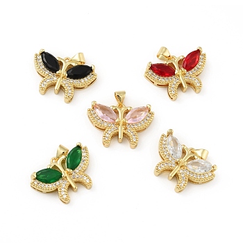 Brass Micro Pave Cubic Zirconia Pendants, Cadmium Free & Lead Free, Long-Lasting Plated, Butterfly, Real 18K Gold Plated, Mixed Color, 16.5x23.5x6mm, Hole: 3.5x3.5mm