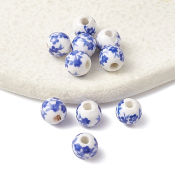 Handmade Porcelain Beads, Blue and White Porcelain, Round with Flower, Blue, 6mm, Hole: 1.6mm