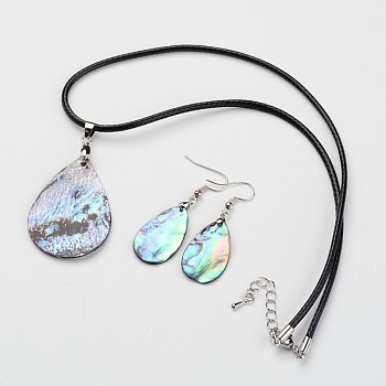 Teardrop Waxed Cord Natural Paua Shell Pendant Necklaces and Earrings Jewelry Sets, with Platinum Tone Brass Lobster Claw Clasps, 14.3 inch, 2mm, 50mm, Pin: 0.8mm