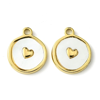 Ion Plating(IP) 304 Stainless Steel Pave Shell Flat Round Charms with Heart, Real 14K Gold Plated, 14.5x12.5x2mm, Hole: 1.6mm