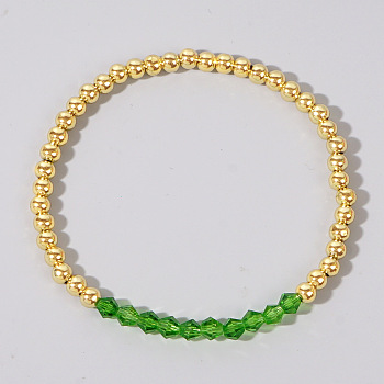 Colorful Birthstone Faceted Bicone & Brass Beaded Stretch Bracelets for Women, Lime Green, 6-7/8 inch(17.5cm)