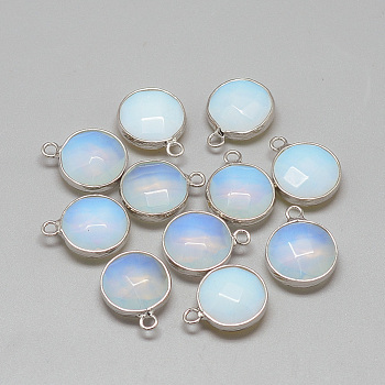 Opalite Pendants, with Brass Findings, Faceted, Flat Round, Platinum, Light Steel Blue, 19~21x15~16x6~7mm, Hole: 2mm