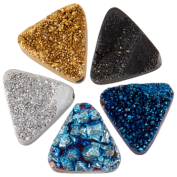 5Pcs 5 Colors Electroplated Natural Druzy Quartz Crystal Beads, Triangle, Mixed Color, 14x15x8~9mm, Hole: 1.5mm, 1pc/color