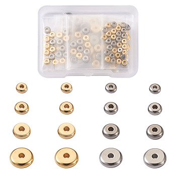 304 Stainless Steel Spacer Beads, Flat Round, Golden & Stainless Steel Color, 4~8x1.2~2.5mm, Hole: 1.2~1.8mm, 120pcs/box