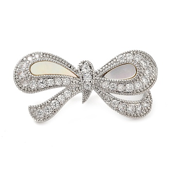 Brass Micro Pave Clear Cubic Zirconia Fold Over Clasps, Bowknot, Platinum, 14.5x29.5x10mm, Hole: 2x2.5mm