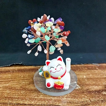 Natural Gemstone Chips Tree of Life Decorations, Maneki Neko with Copper Wire Feng Shui Energy Stone Gift for Women Men Meditation, 120~130mm