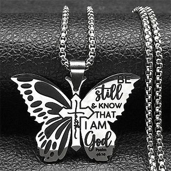 304 Stainless Steel Be Still & Know Butterfly Pendant Box Chain Necklaces, Stainless Steel Color, 19.69 inch(50cm)