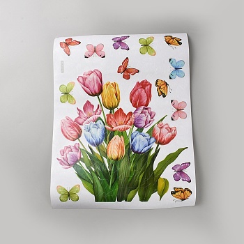 Rectangle with Tulip Pattern PVC Waterproof Window Stickers, Self-Adhesive Decals, for Window or Home Decoration, Colorful, 498x300x0.3mm