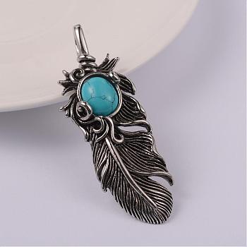Leaf 304 Stainless Steel Big Pendants, with Synthetic Turquoise, Turquoise, 62x23x8mm, Hole: 6x8mm