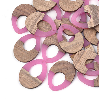 Resin & Wood Pendants, Teardrop, Hot Pink, 37.5x28x3~3.5mm, Hole: 1.5mm