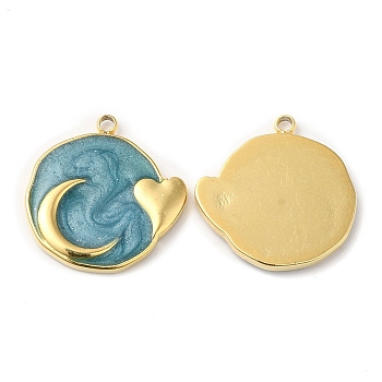 Real 18K Gold Plated 304 Stainless Steel Pendants, with Enamel, Flat Round with Moon & Heart Charm, Cadet Blue, 17.5x17x2mm, Hole: 1.4mm
