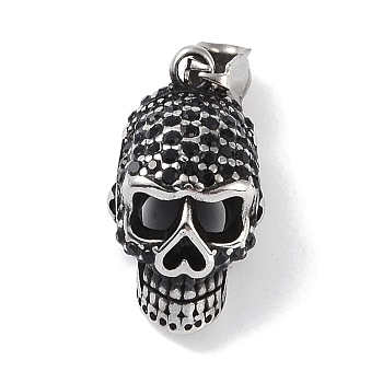 316 Surgical Stainless Steel Pendants, with Rhinestone, Skull Charm, Antique Silver, Jet, 27x15x16mm, Hole: 8.5x3.5mm