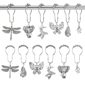 Animal Theme Iron Shower Curtain Rings for Bathroom, with Tibetan Style Alloy Tortoise Pendants, Dragonfly/Elephant/Reindeer, Antique Silver & Platinum, 111~140mm, 6 style, 2pcs/style, 12pcs/set