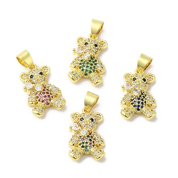 Rack Plating Brass Pave Cubic Zirconia Pendants, Bear Charms, Real 18K Gold Plated, Long-Lasting Plated, Cadmium Free & Lead Free, Mixed Color, 20.5x12x5mm, Hole: 5x4mm