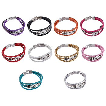 10Pcs 10 Colors Interchangeable Alloy Snap Button Bracelet Making, Imitation Leather Braided Cord Multi-strand Bracelets, with Snap Lock Clasps, Mixed Color, 8-3/8 inch(21.3cm), 4~19mm, 1pc/color