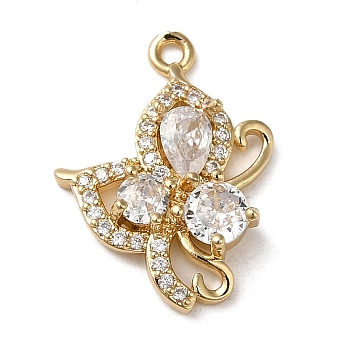 Brass Micro Pave Cubic Zirconia Pendants, with K9 Glass, Flower Charm, Golden, 23x17x5mm, Hole: 1.6mm