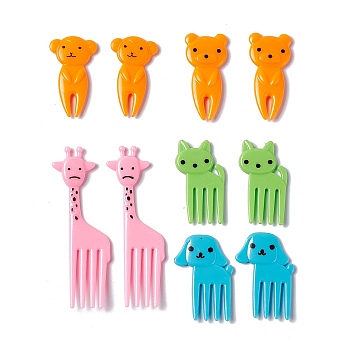 Plastic Disposable Fruit Picks, Cartoon Style Animal Shape Fork, Dog & Bear & Giraffe & Cat, Mixed Color, 33.5~65x17.5~24x3~4mm, 10pcs/bag