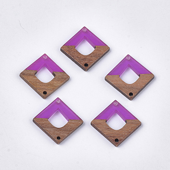 Resin & Walnut Wood Links connectors, Rhombus, Medium Orchid, 27.5x27.5x3~3.5mm, Hole: 2mm