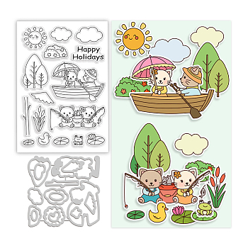 Globleland DIY Holiday Theme Scrapbook Making Kits, including 1 Sheet PVC Plastic Stamps and 1Pc Carbon Steel Cutting Dies Stencils, Cat & Boat & Tree, Mixed Patterns, Plastic Stamp: 16x11x0.3cm, Cutting Dies Stencils: 11.1x11.2x0.08cm