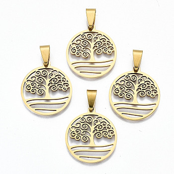 Hollow Out Design Pendants, 201 Stainless Steel Pendants, with Snap on Bails, Laser Cut, Flat Round with Tree of Life, Real 18K Gold Plated, 25.5x23x1.5mm, Hole: 9x4mm