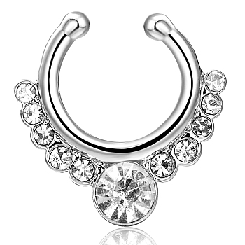 Personality Brass Cubic Zirconia Clip-on Nose Septum Rings, Nose Piercing Jewelry, Circular/Horseshoe Barbell, Platinum, Clear, 17x16mm