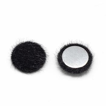 Faux Mink Fur Covered Cabochons, with Aluminum Bottom, Half Round/Dome, Black, 19~20x6mm