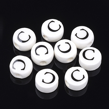 Handmade Porcelain Beads, Horizontal Hole, Flat Round with Letter, White, Letter.C, 8~8.5x4.5mm, Hole: 2mm