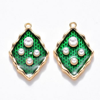 Brass Enamel Pendants, with ABS Plastic Imitation Pearl, Nickel Free, Rhombus, Real 18K Gold Plated, Green, 20x12.5x4mm, Hole: 1mm