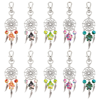 10Pcs 5 Styles Woven Net/Web with Feather Alloy Pendant Decoration, with Sea Turtle Synthetic Turquoise and Alloy Lobster Claw Clasps, Mixed Color, 103mm, 2pcs/style