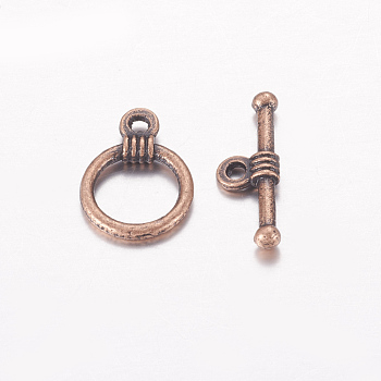 Tibetan Style Toggle Clasps, Lead Free & Cadmium Free, Red Copper Color, Ring: 11mm wide, 16mm long, Bar: 19mm long, hole: 1.5mm