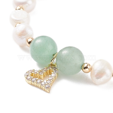 Natural Green Aventurine & Pearl Beaded Bracelet with Cubic Zirconia Heart Charm(BJEW-JB08167-02)-4