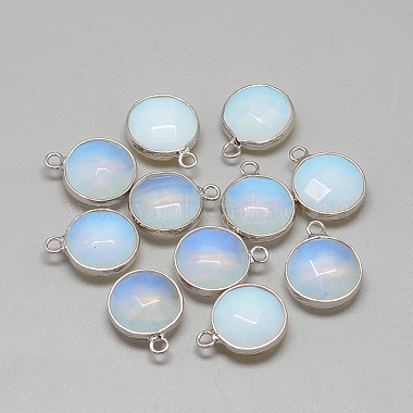 Platinum LightSteelBlue Flat Round Opalite Pendants