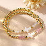 2Pcs Brass & Imitation & Natural White Jade & Rose Quartz Beads Stretch Bracelet Set for Women, Golden, 6.50 inch(16.5cm)~6.89 inch(17.5cm)(SD2204-2)