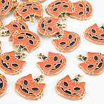 Rack Plating Eco-Friendly Alloy Enamel Pendants, Halloween Theme, Cadmium Free & Lead Free, Light Gold, Pumpkin Jack-O'-Lantern, Dark Orange, 20x19.5x1.5mm, Hole: 1.8mm(ENAM-N052-003-RS)