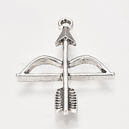 Tibetan Style Alloy Pendants, Bow and Arrow, Antique Silver, 31.5x25x3mm, Hole: 2mm(PALLOY-T019-25AS)