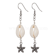 Natural Shell Dangle Earrings, Tibetan Style Alloy Long Drop Earrings with 304 Stainless Steel Pins, Starfish, 66x12mm(EJEW-JE05441-03)