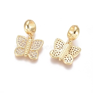 Brass Micro Pave Cubic Zirconia European Dangle Charms, Large Hole Pendants, Butterfly, Clear, Golden, 21mm, Butterfly: 12.5x13.5x2mm, Hole: 5mm(X-ZIRC-E163-16G)