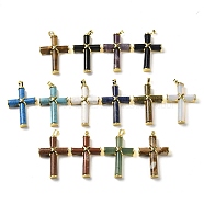 Natural & Synthetic Mixed Gemstone Big Pendants, Cross Charms with Rack Plating Golden Tone Brass Findings, Mixed Dyed and Undyed, 50x32x9.5mm, Hole: 8x5mm(G-F758-E-G)