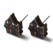 Wood Stud Earrings, with 316 Surgical Stainless Steel Pin, Halloween Theme, Black, Haunted House, 15x12mm(EJEW-Z054-02B)