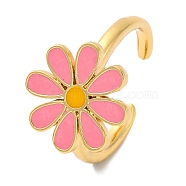 Rack Plating Flower Brass Enamel Open Cuff Rings for Women, Lead Free & Cadmium Free, Long-Lasting Plated, Real 18K Gold Plated, Lavender Blush, 15mm(RJEW-S242-10A)