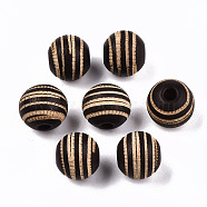 Painted Natural Wood Beads, Laser Engraved Pattern, Round with Zebra-Stripe, Coconut Brown, 10x8.5mm, Hole: 2.5mm(WOOD-T021-54A-02)