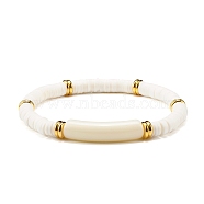 Curved Tube Acrylic Beads Stretch Bracelet for Teen Girl Women, Disc Polymer Clay Beads Bracelet, Golden, White, Inner Diameter: 2-3/8 inch(6cm)(BJEW-JB06944-01)