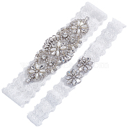 Lace Elastic Bridal Garters, Flower Pattern, Wedding Garment Accessories, with Imitation Pearl Beads & Rhinestone, White, 120mm and 125mm Inner Diameter, 26mm and 49mm, 2pcs/set(AJEW-WH0258-222)