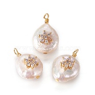 Natural Cultured Freshwater Pearl Pendants, with Cubic Zirconia and Brass Findings, Flat Round with Flower, Golden, Clear, 17~18x12~14mm, Hole: 1.6mm(PEAR-I005-10B)