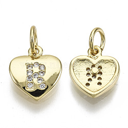 Brass Micro Pave Clear Cubic Zirconia Charms, with Jump Ring, Heart with Letter, Real 16K Gold Plated, Nickel Free, Letter.R, 10x9x2mm, Jump Ring: 5x1mm, 3mm inner diameter(KK-N227-34R-NF)