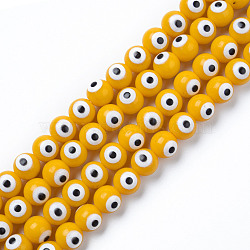 Baking Painted Opaque Glass Beads Strands, Round with Evil Eye, Goldenrod, 8x7.5mm, Hole: 1.2mm, about 50~52pcs/strand, 14.57 inch~15.43 inch(37~39.2cm)(DGLA-N033-06-A01)