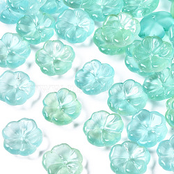 Transparent Spray Painted Glass Beads, Half Frosted, Flower, Medium Sea Green, 15x15x6mm, Hole: 1.2mm(GLAA-Q089-003-E001-1)