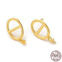 925 Sterling Silver Stud Earring Findings, for Half Drilled Beads, Oval, with S925 Stamp, Real 18K Gold Plated, 20x10.5mm, Pin: 0.9mm and 10.5x0.9mm(STER-P056-03G)