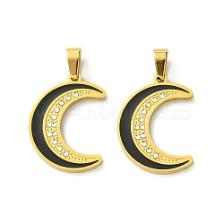 Ion Plating(IP) 304 Stainless Steel Pendants, with Enamel and Rhinestone, Real 18K Gold Plated, Moon Charm, Black, 27x20x2mm, Hole: 6.5x4mm(STAS-C101-01G)